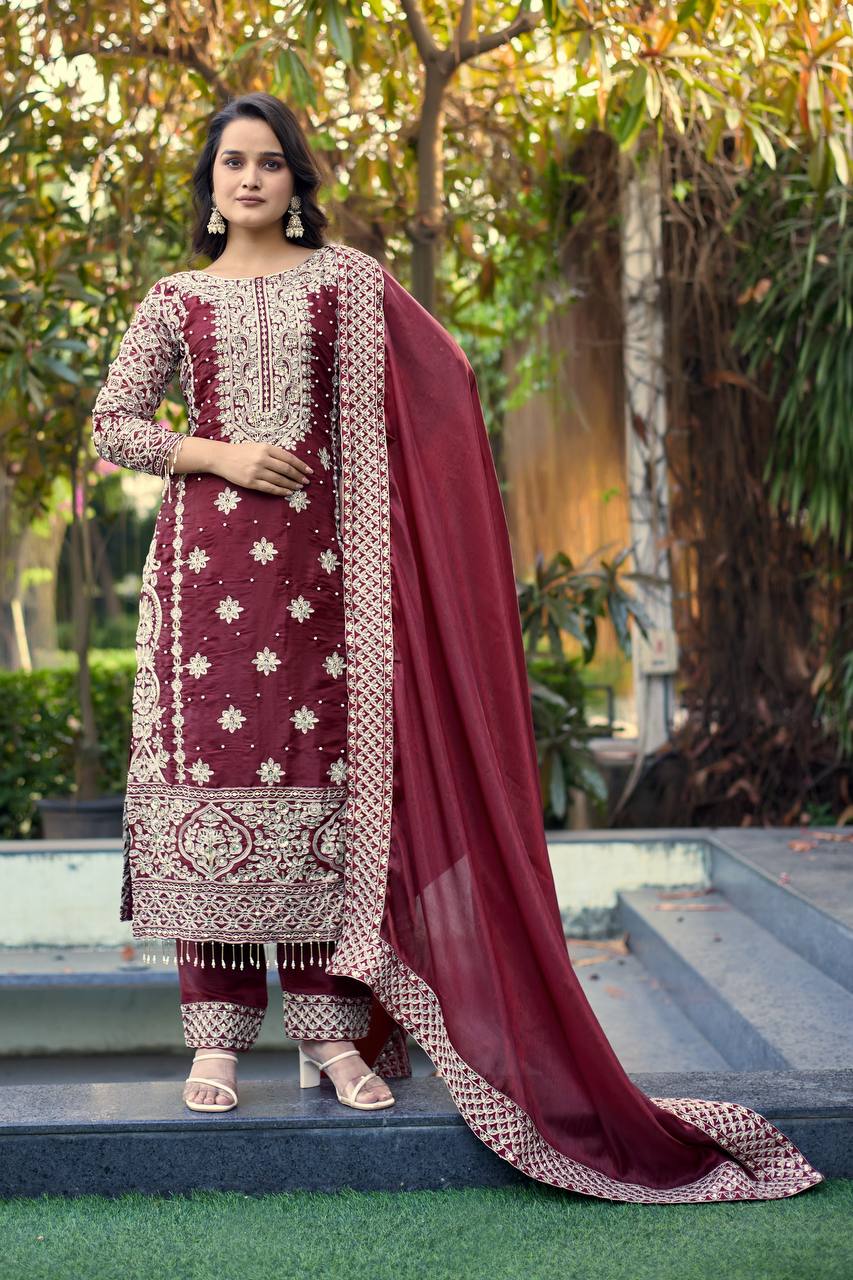 Prazu Fashion Dark Maroon Jimmy Silk Sequin Embroidered Salwar Suit - Distacart
