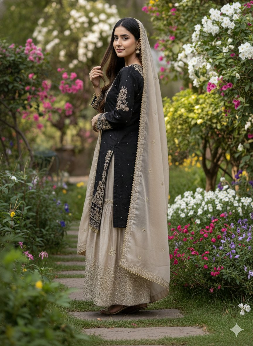 Prazu Fashion Black Jimmy Silk Embroidery Dori Sequence Palazzo Suit - Distacart
