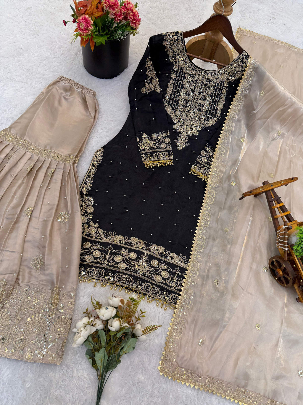 Prazu Fashion Black Jimmy Silk Embroidery Dori Sequence Palazzo Suit - Distacart