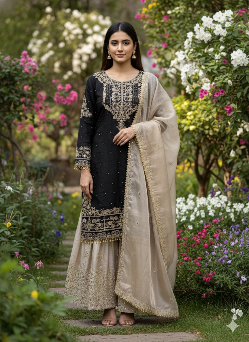 Prazu Fashion Black Jimmy Silk Embroidery Dori Sequence Palazzo Suit - Distacart
