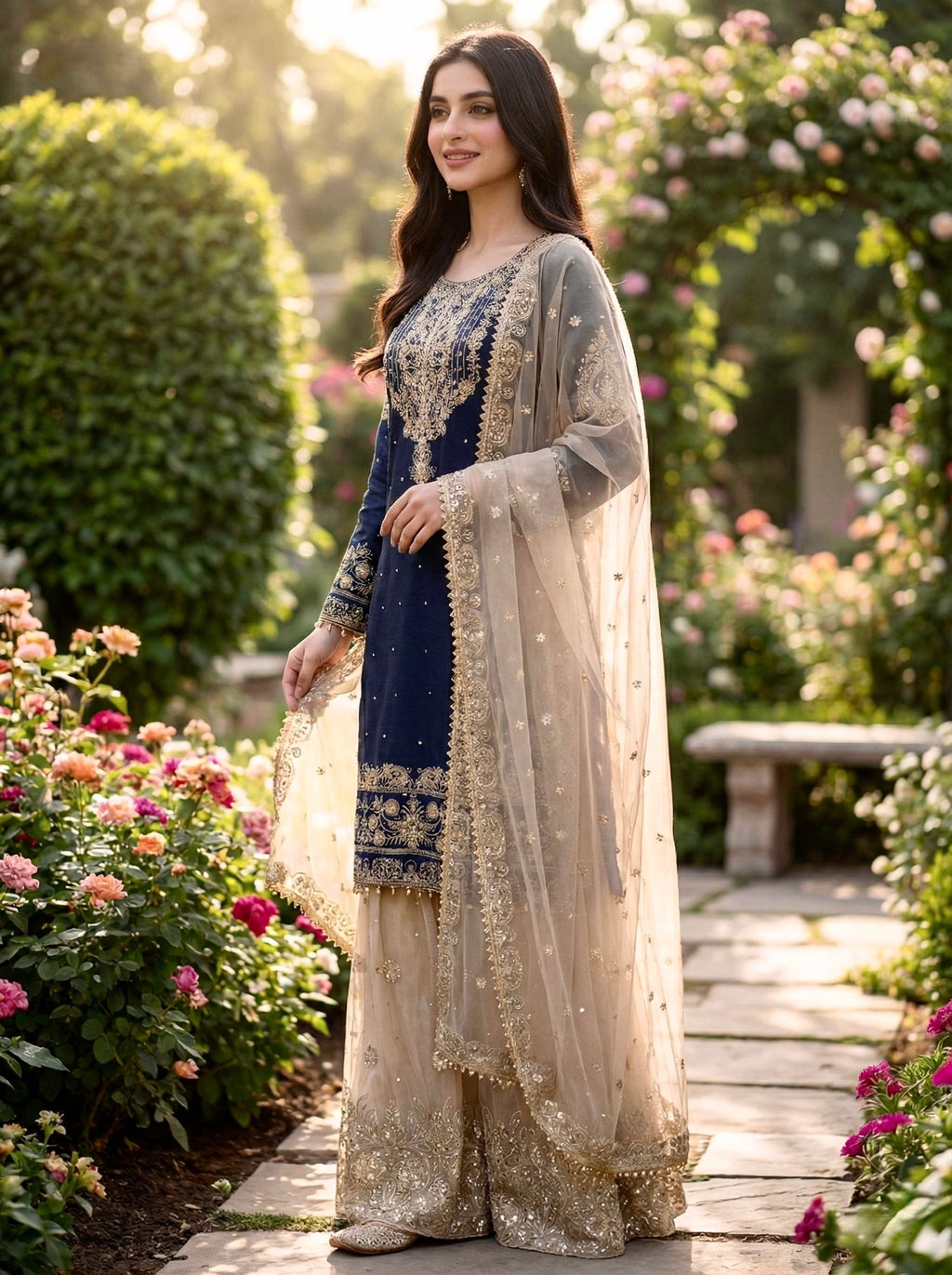 Prazu Fashion Blue Jimmy Silk Embroidery Dori Sequence Palazzo Suit - Distacart