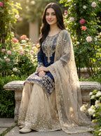 Prazu Fashion Blue Jimmy Silk Embroidery Dori Sequence Palazzo Suit - Distacart