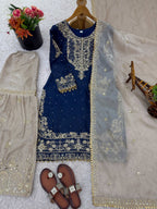 Prazu Fashion Blue Jimmy Silk Embroidery Dori Sequence Palazzo Suit - Distacart