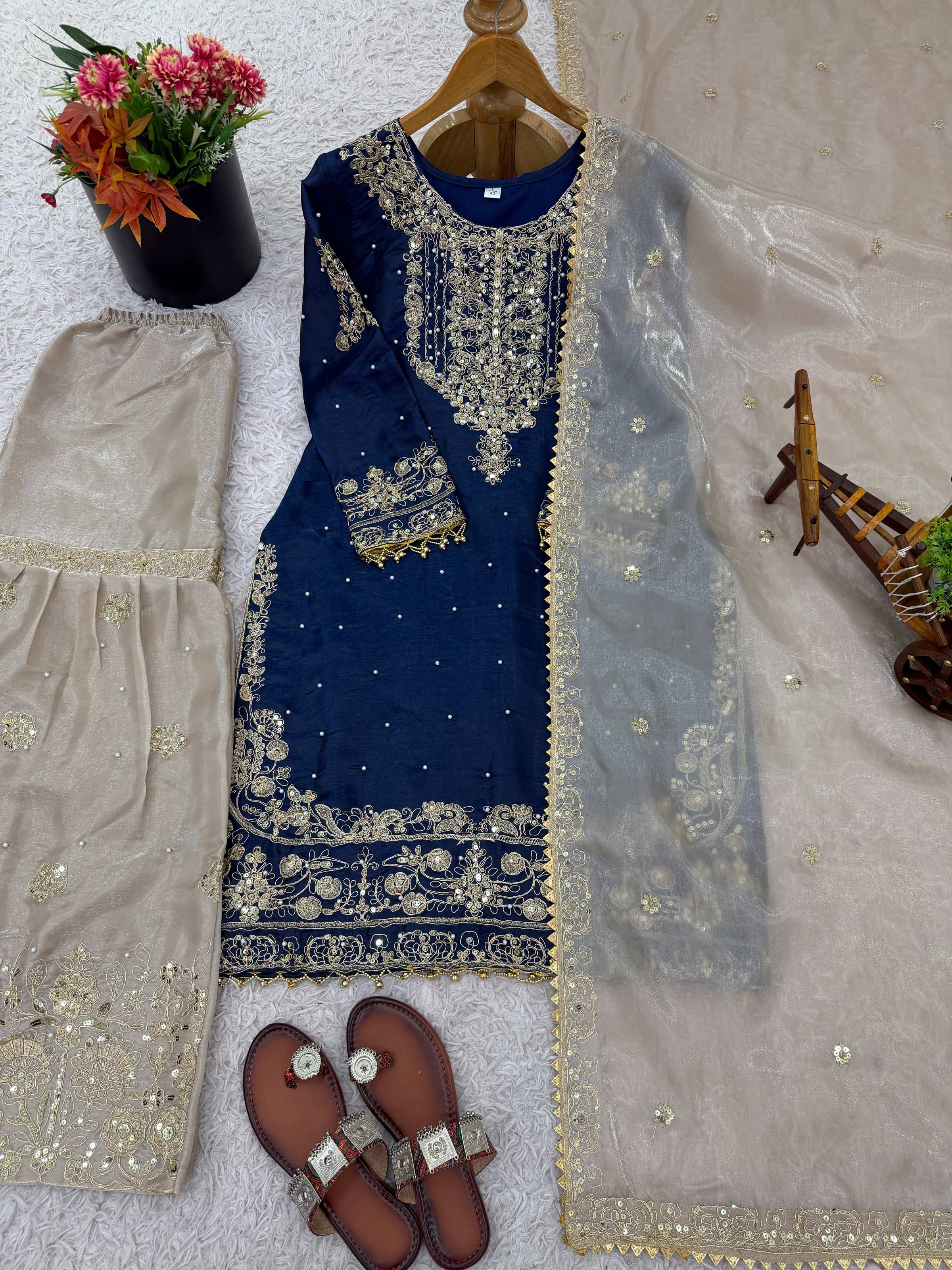Prazu Fashion Blue Jimmy Silk Embroidery Dori Sequence Palazzo Suit - Distacart