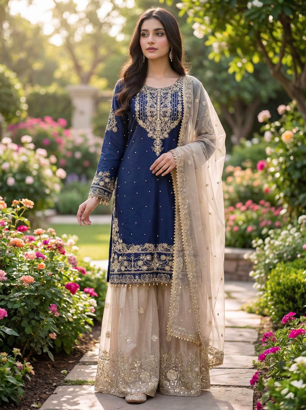 Prazu Fashion Blue Jimmy Silk Embroidery Dori Sequence Palazzo Suit - Distacart