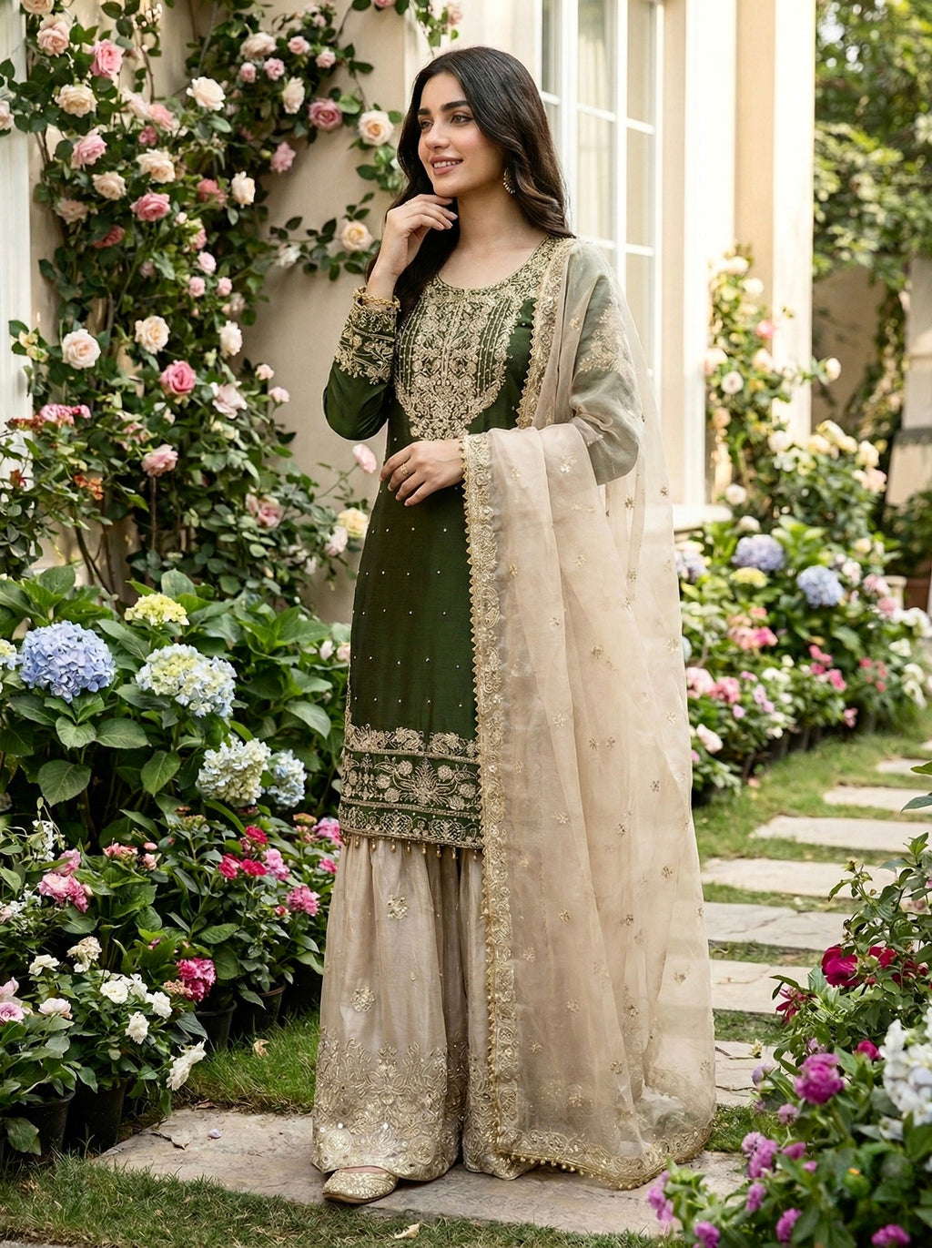 Prazu Fashion Green Jimmy Silk Embroidery Dori Sequence Palazzo Suit - Distacart