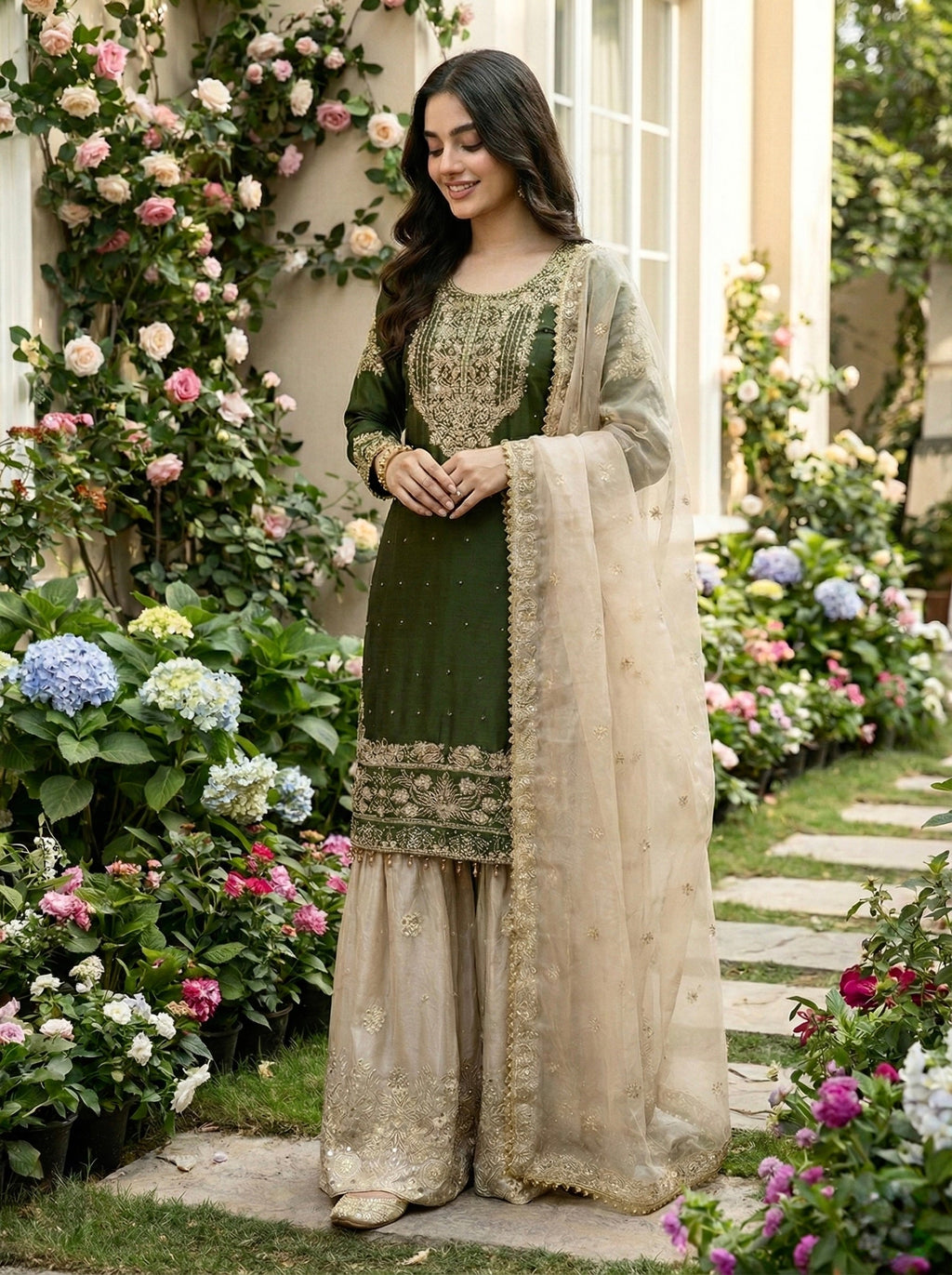 Prazu Fashion Green Jimmy Silk Embroidery Dori Sequence Palazzo Suit - Distacart