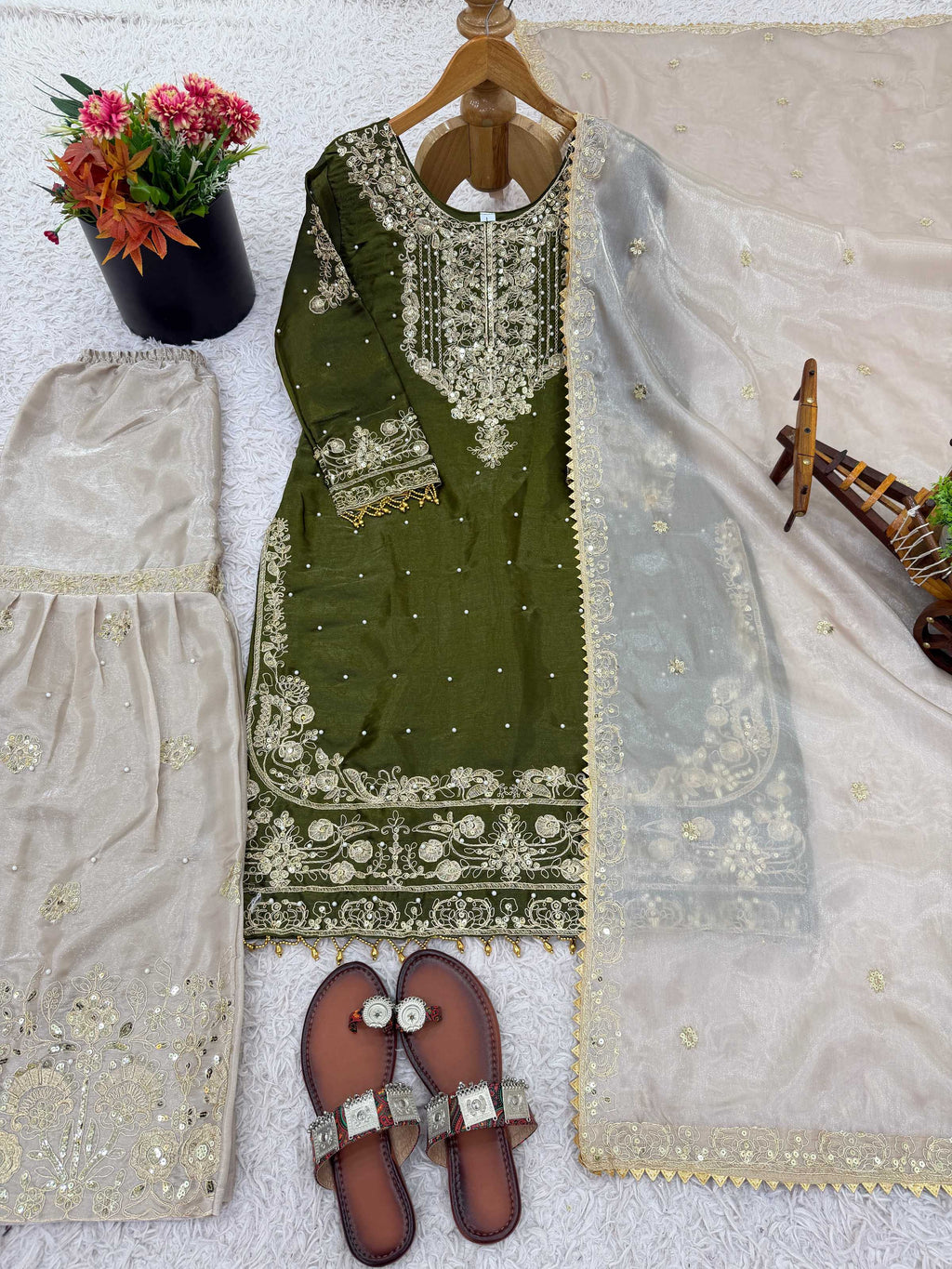 Prazu Fashion Green Jimmy Silk Embroidery Dori Sequence Palazzo Suit - Distacart