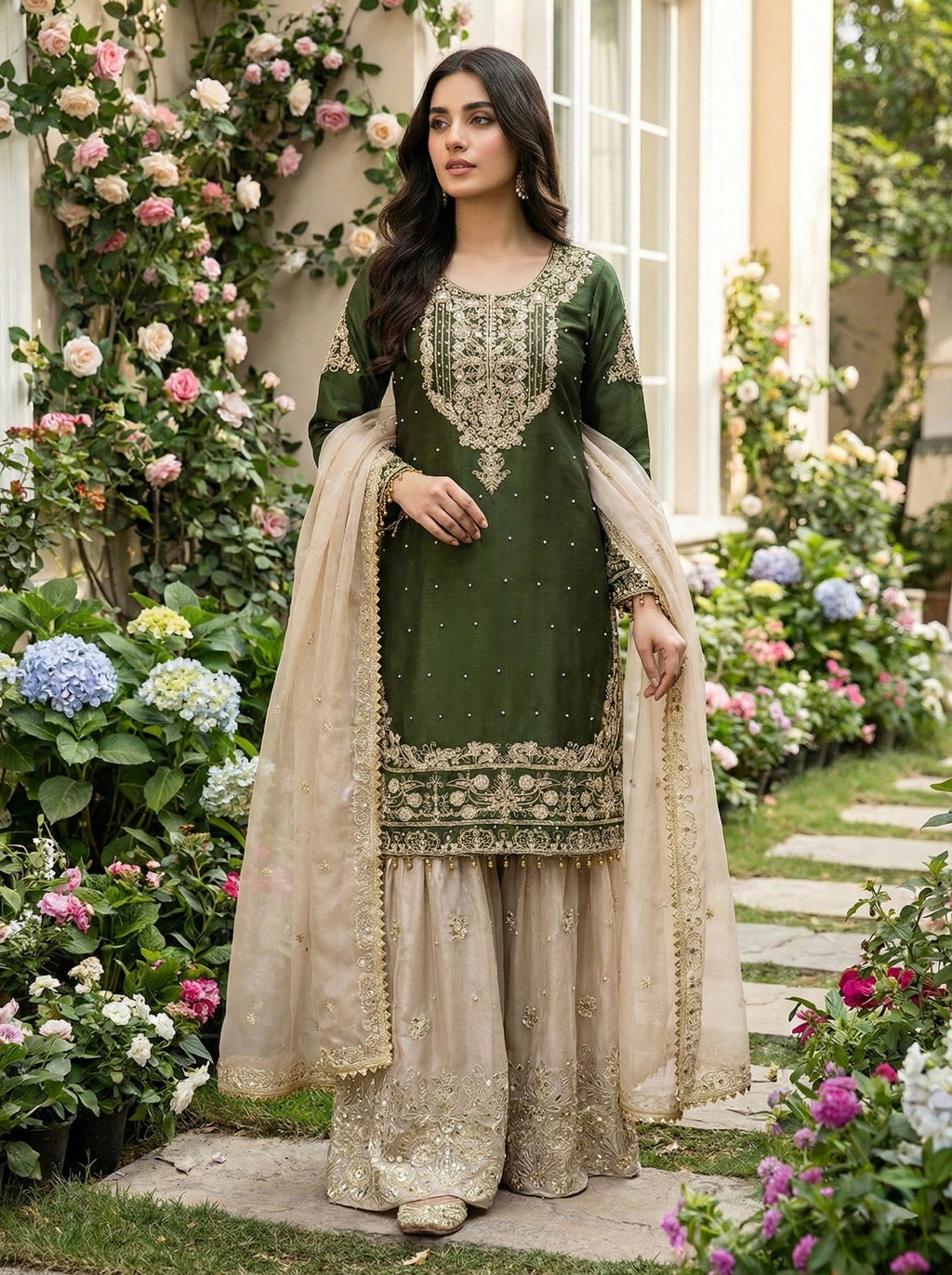 Prazu Fashion Green Jimmy Silk Embroidery Dori Sequence Palazzo Suit - Distacart