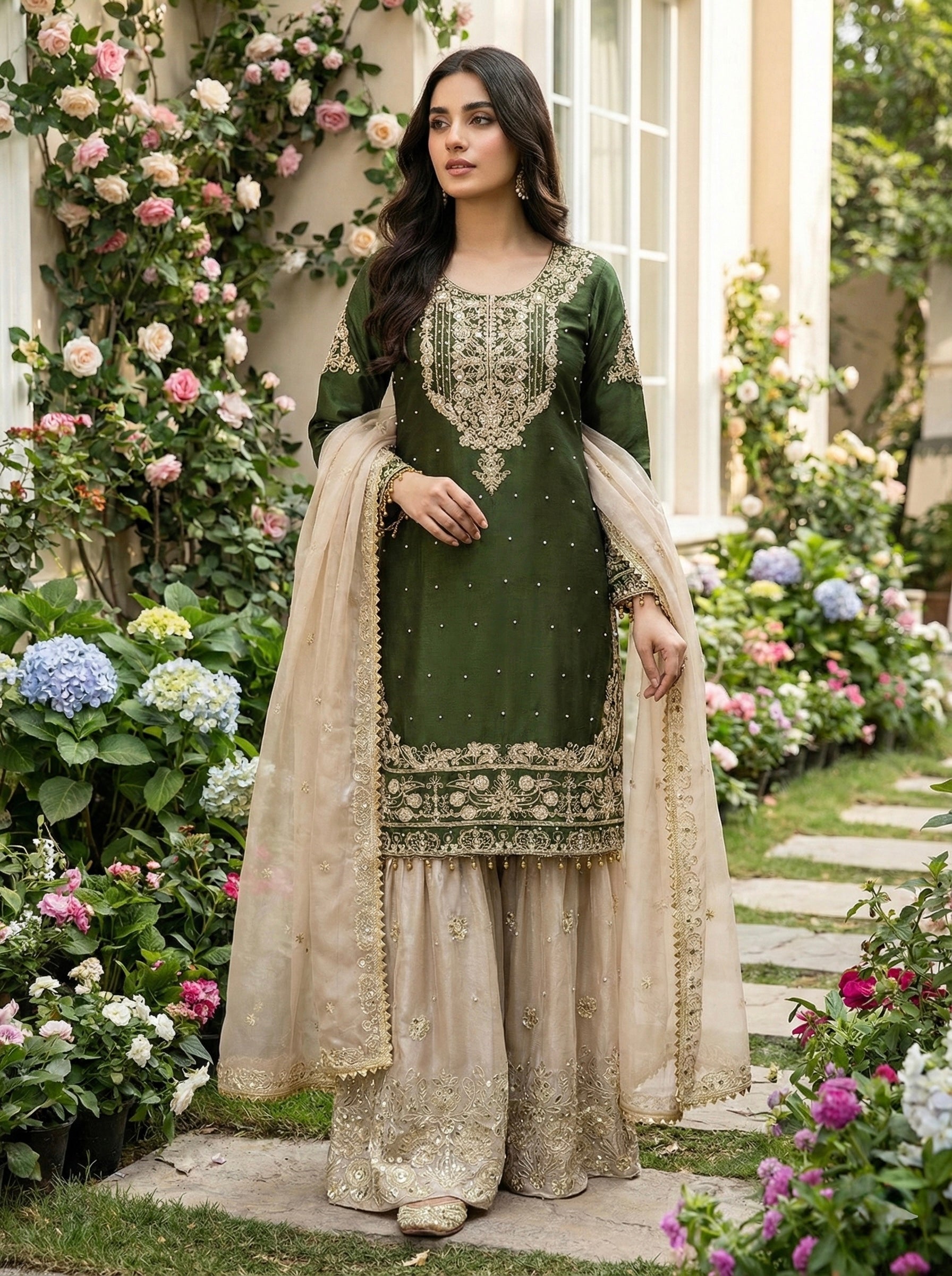 Prazu Fashion Green Jimmy Silk Embroidery Dori Sequence Palazzo Suit - Distacart