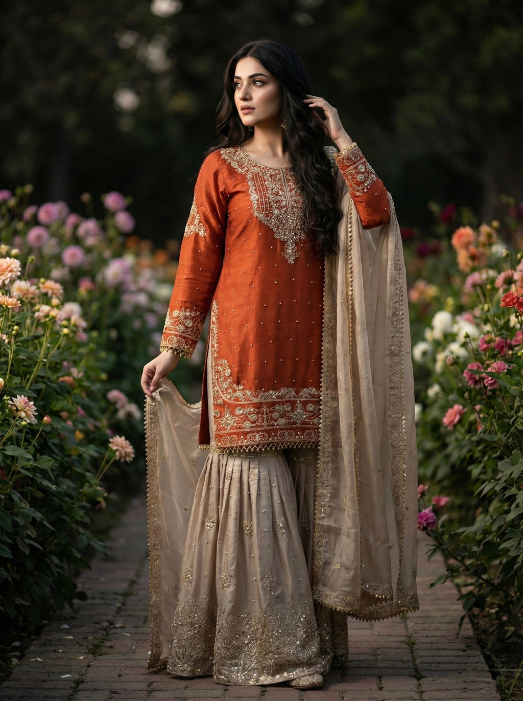 Prazu Fashion Orange Jimmy Silk Embroidery Dori Sequence Palazzo Suit - Distacart