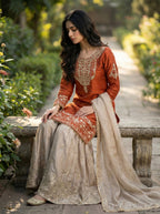 Prazu Fashion Orange Jimmy Silk Embroidery Dori Sequence Palazzo Suit - Distacart