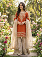Prazu Fashion Orange Jimmy Silk Embroidery Dori Sequence Palazzo Suit - Distacart