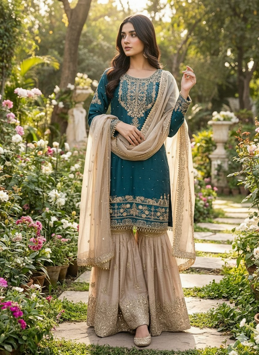 Prazu Fashion Rama Jimmy Silk Embroidery Dori Sequence Palazzo Suit - Distacart