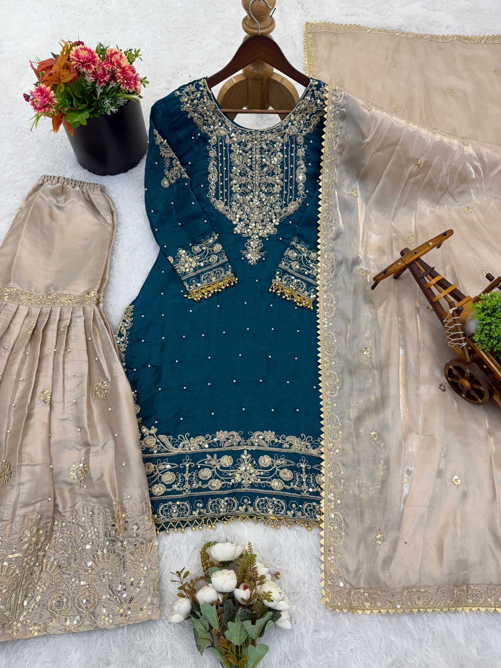Prazu Fashion Rama Jimmy Silk Embroidery Dori Sequence Palazzo Suit - Distacart