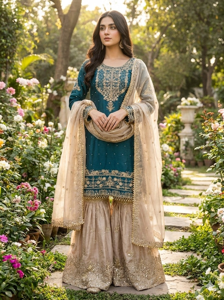 Prazu Fashion Rama Jimmy Silk Embroidery Dori Sequence Palazzo Suit - Distacart