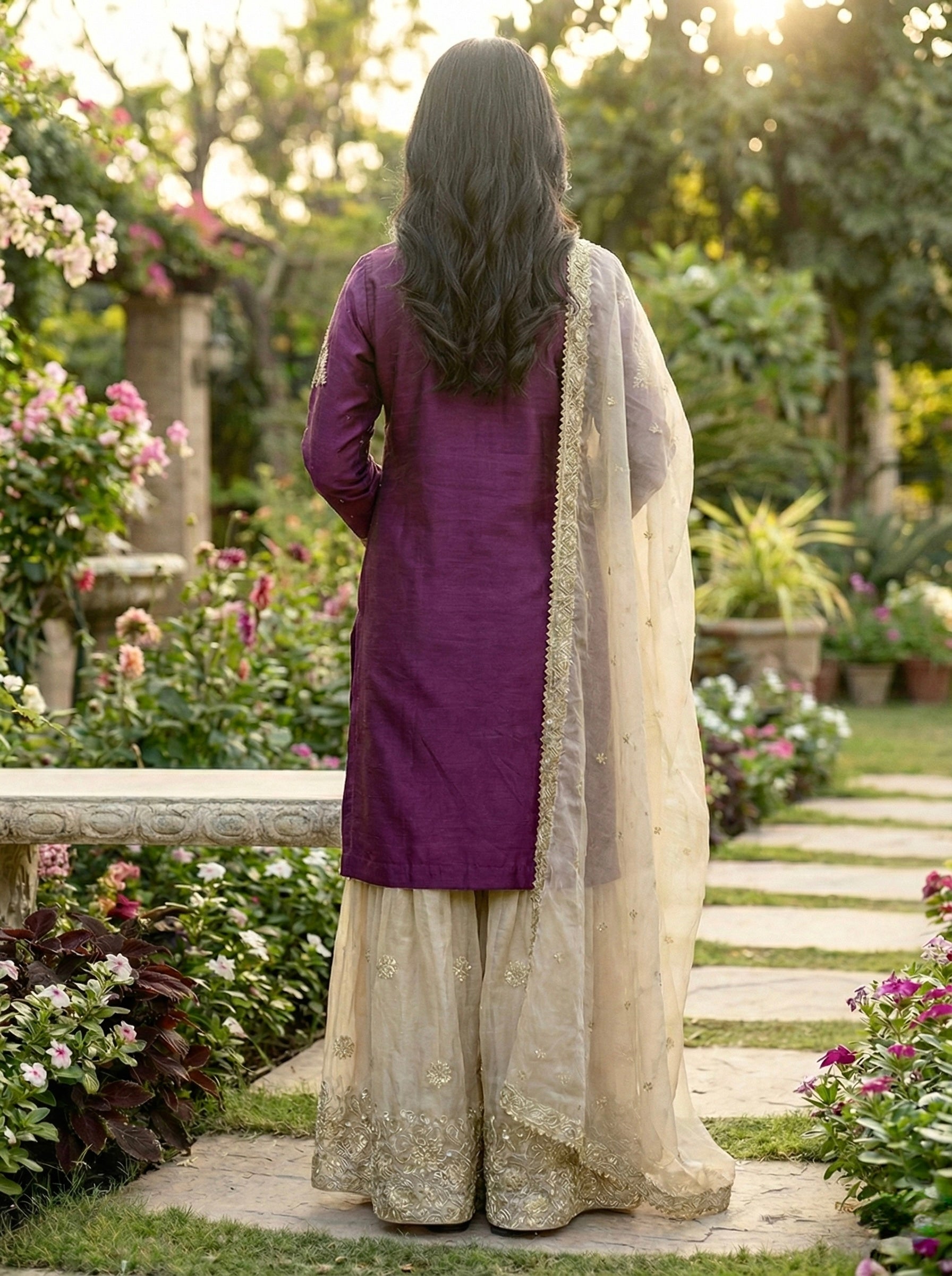 Prazu Fashion Wine Jimmy Silk Embroidery Dori Sequence Palazzo Suit - Distacart