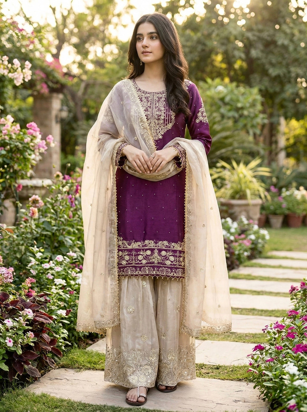 Prazu Fashion Wine Jimmy Silk Embroidery Dori Sequence Palazzo Suit - Distacart