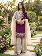 Prazu Fashion Wine Jimmy Silk Embroidery Dori Sequence Palazzo Suit - Distacart