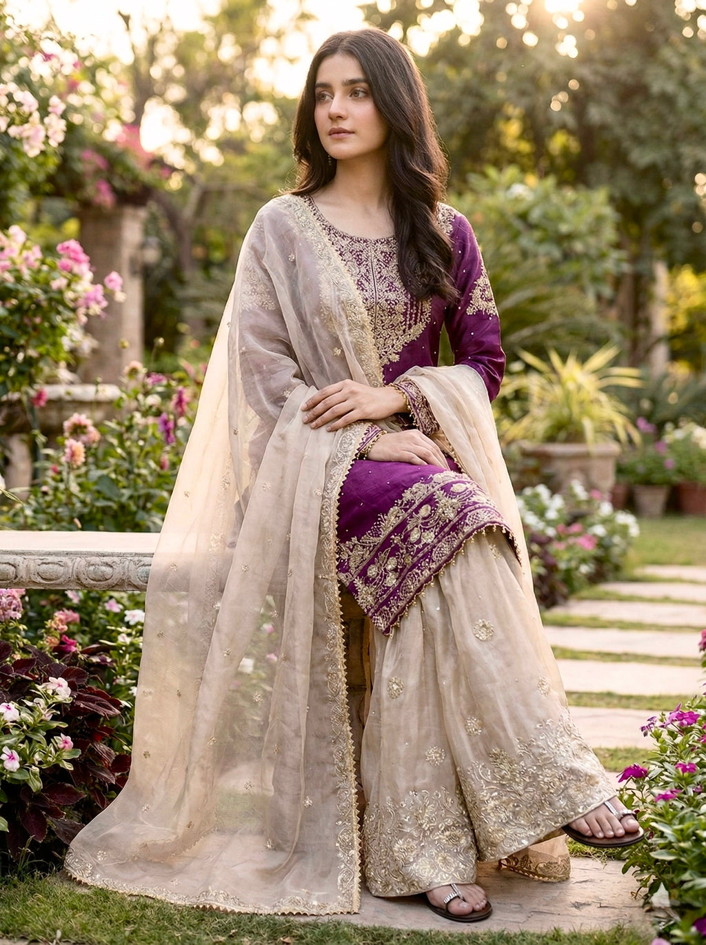 Prazu Fashion Wine Jimmy Silk Embroidery Dori Sequence Palazzo Suit - Distacart