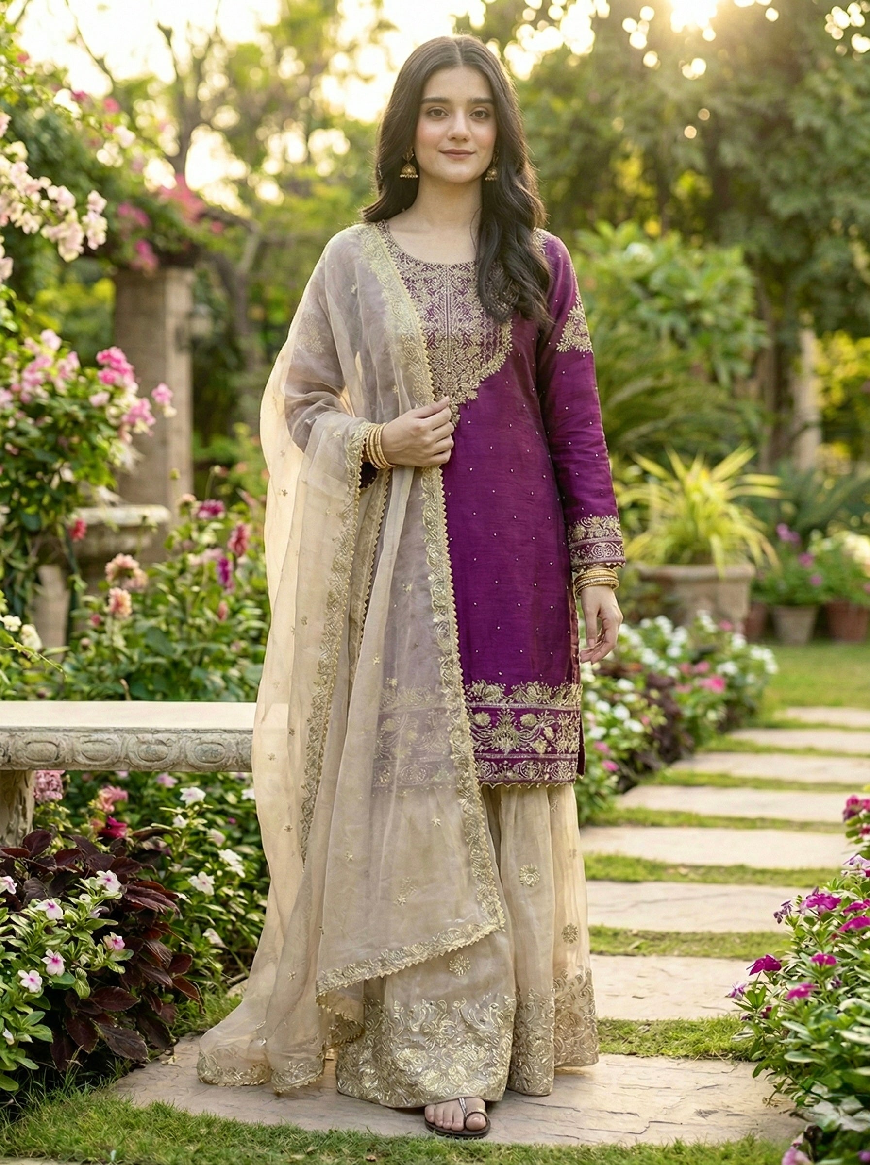 Prazu Fashion Wine Jimmy Silk Embroidery Dori Sequence Palazzo Suit - Distacart