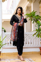 The52 Black Women's Beautiful Viscose Chanderi Fabric Embroidered Work Straight Kurta Pant and Dupatta Set - Distacart
