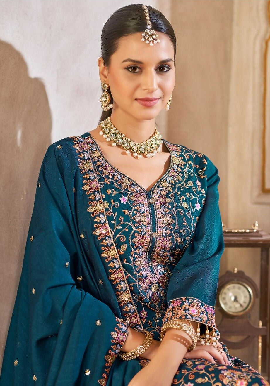Anaita Blue Vichitra Silk Readymade Suit with Embroidery & Lace Work - Distacart