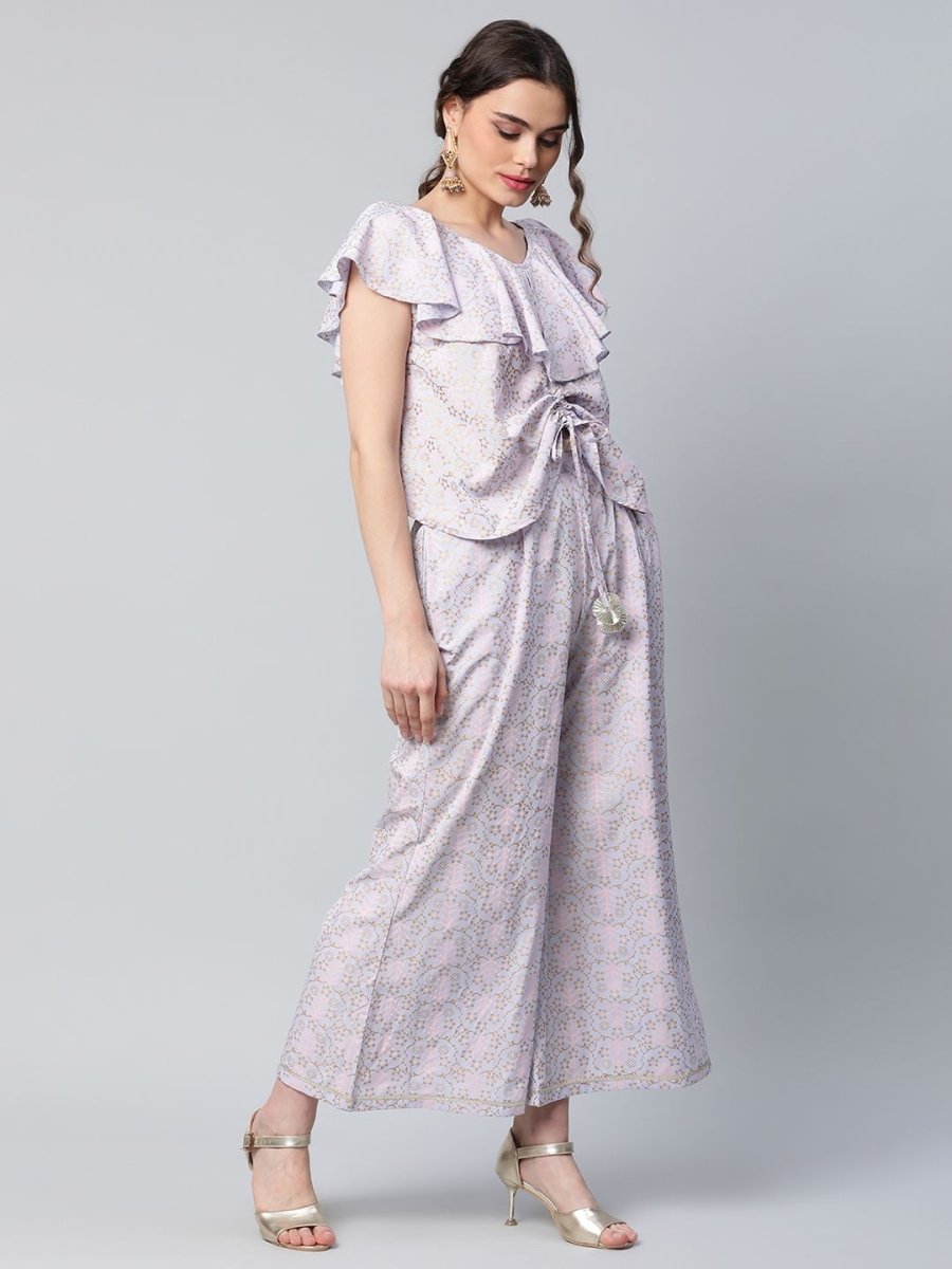 Ahalyaa Women Powder Blue Crepe Khari Printed Top with Palazzo Set - Distacart