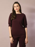 Myshka Women's Coffee Brown Solid Boat Neck Party Top With Trousers Co-ord set