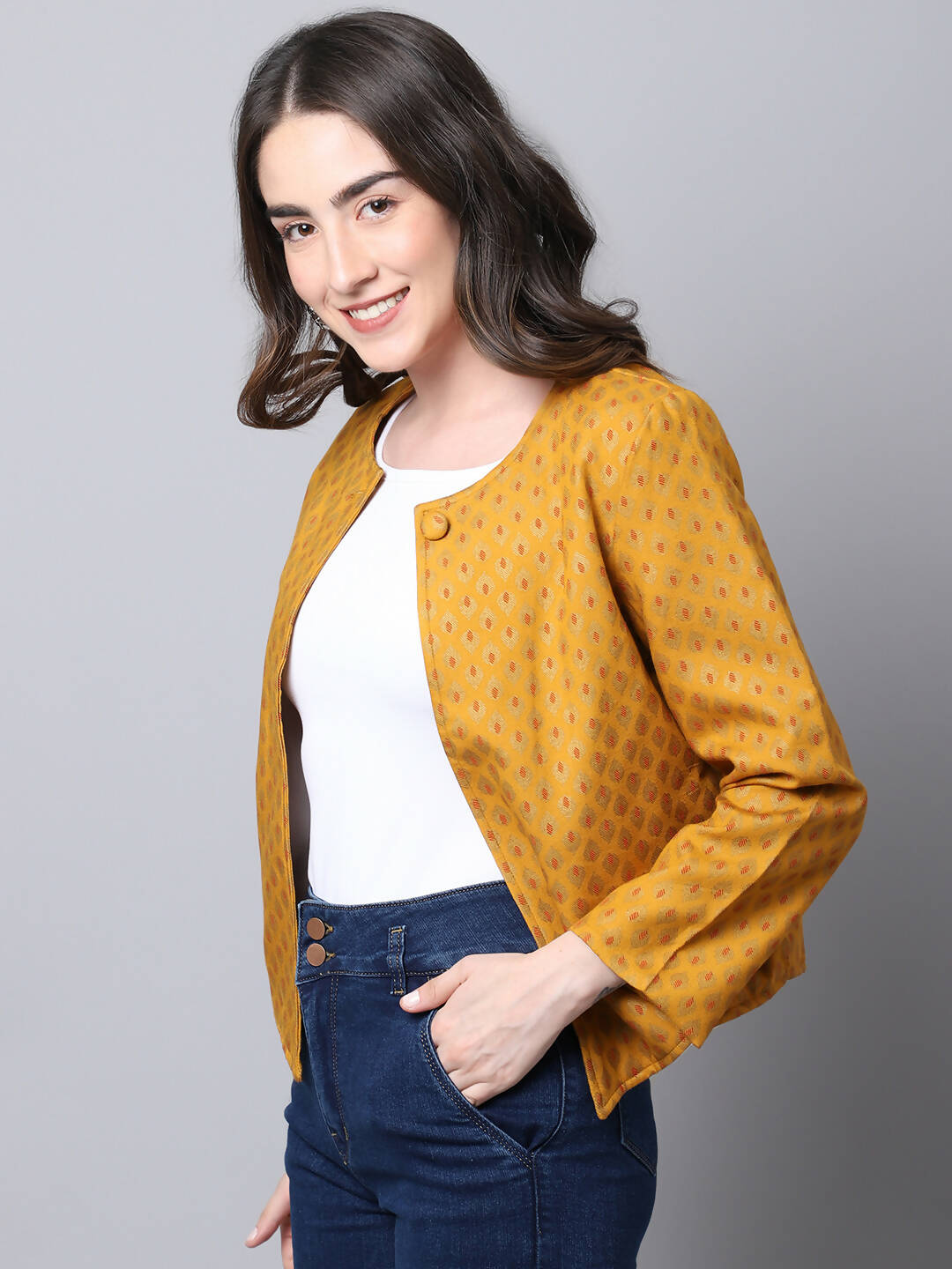 Even Apparels Yellow 100% Viscose Open Front Statement Women's Jacket