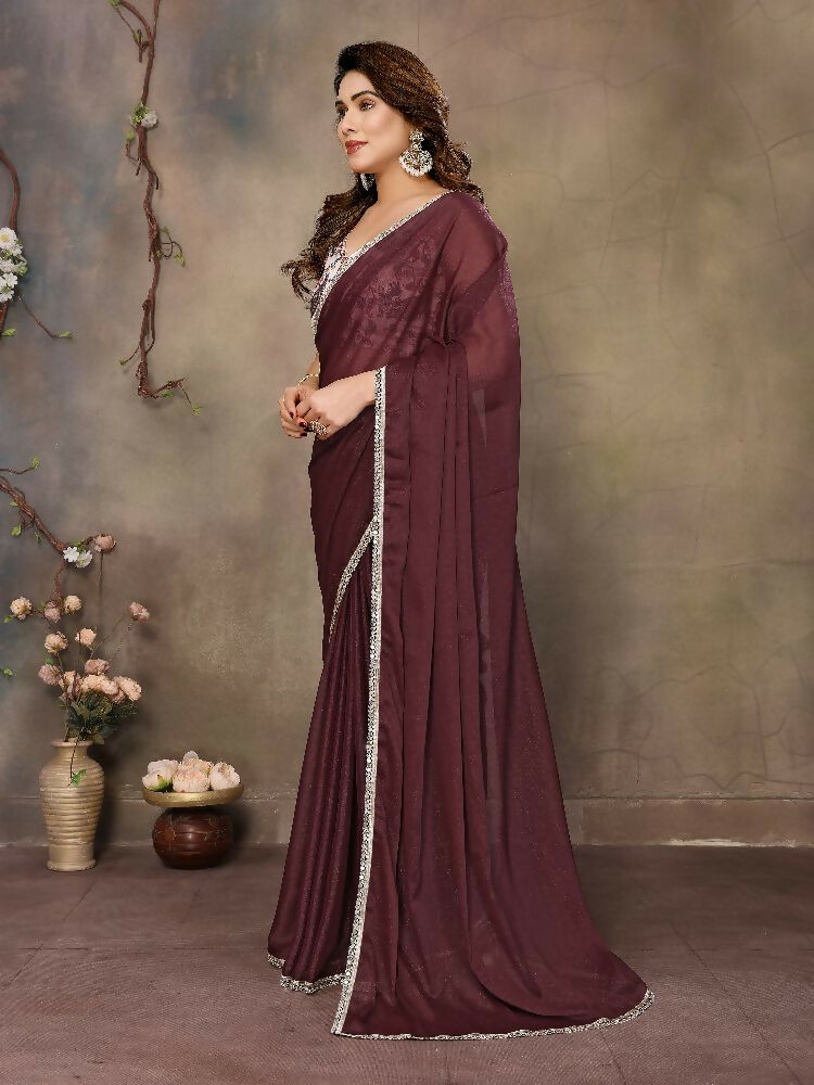 PR Fashion Brown Star Georgette Solid Georgette With Mirror Border Saree