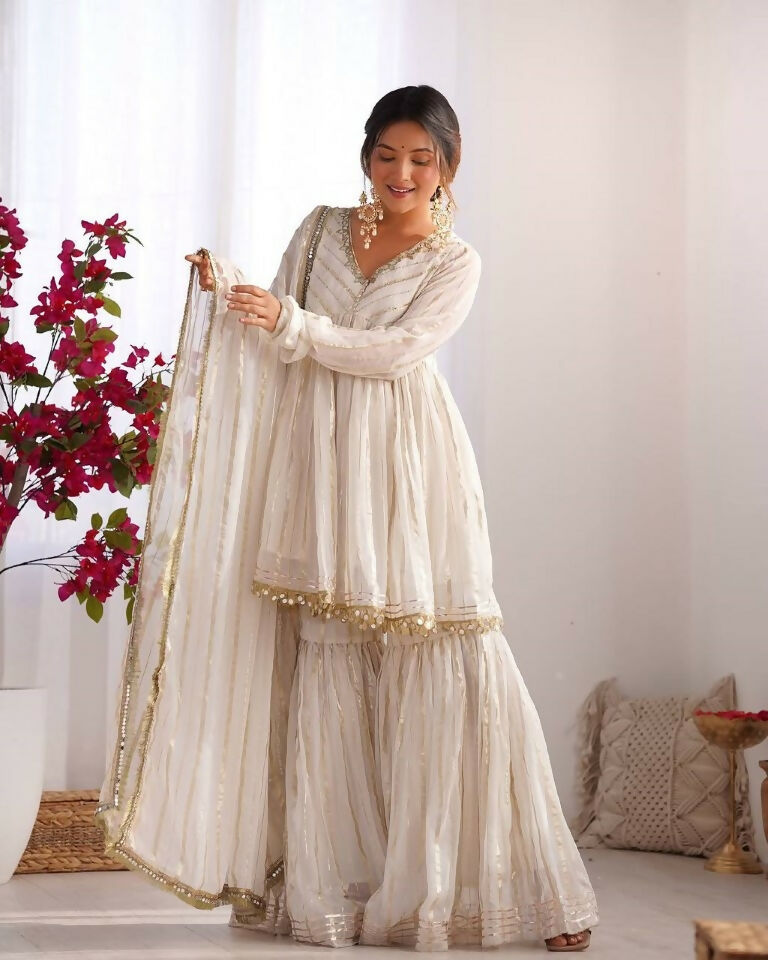 Teeya Creation White Color Mal Chanderi Silk Mirror Work And Hand Work Sharara set - Distacart