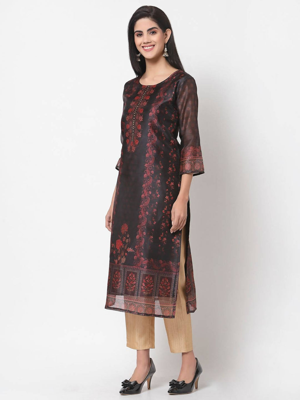 Myshka Multi Printed Chanderi Silk 3/4 Sleeve Round Neck Casual Kurta