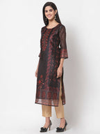 Myshka Multi Printed Chanderi Silk 3/4 Sleeve Round Neck Casual Kurta