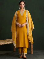 Indo Era Mustard Yellow Floral Embroidered V-Neck Straight Kurta with Trousers & Dupatta - Distacart