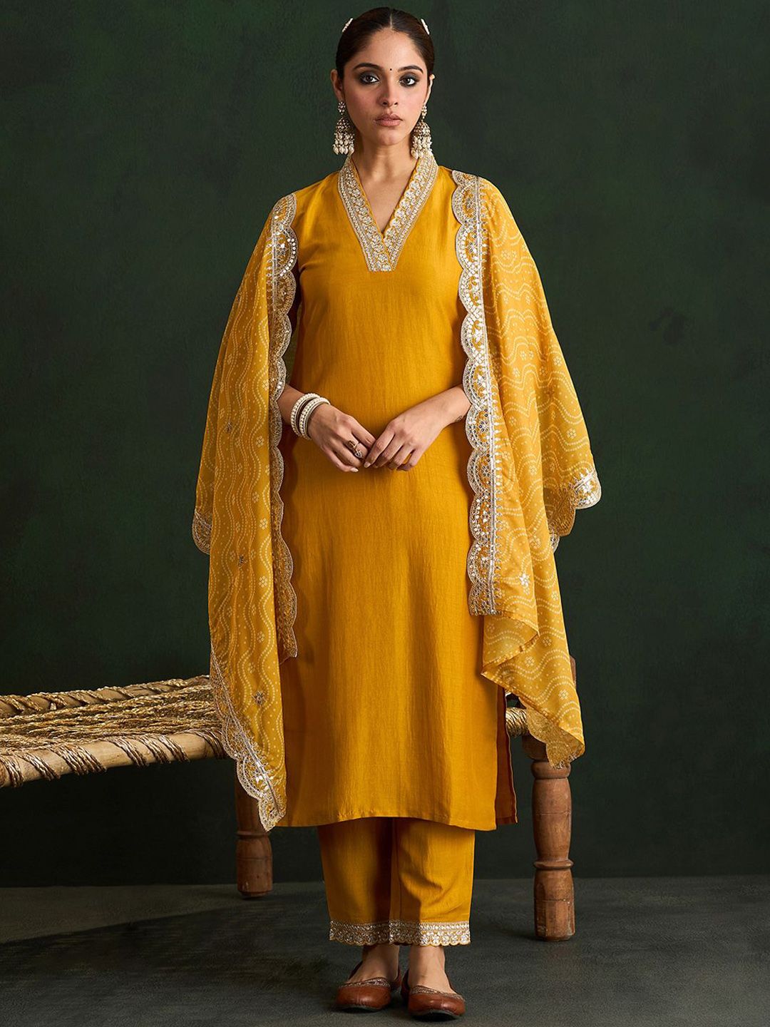 Indo Era Mustard Yellow Floral Embroidered V-Neck Straight Kurta with Trousers & Dupatta - Distacart