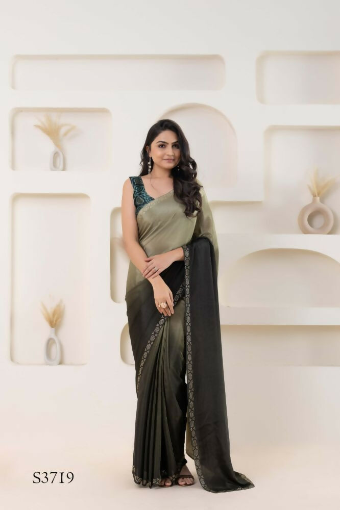 Grey Satin Pedding Designer, Printed Party Wear Ready To Wear Saree - Femina