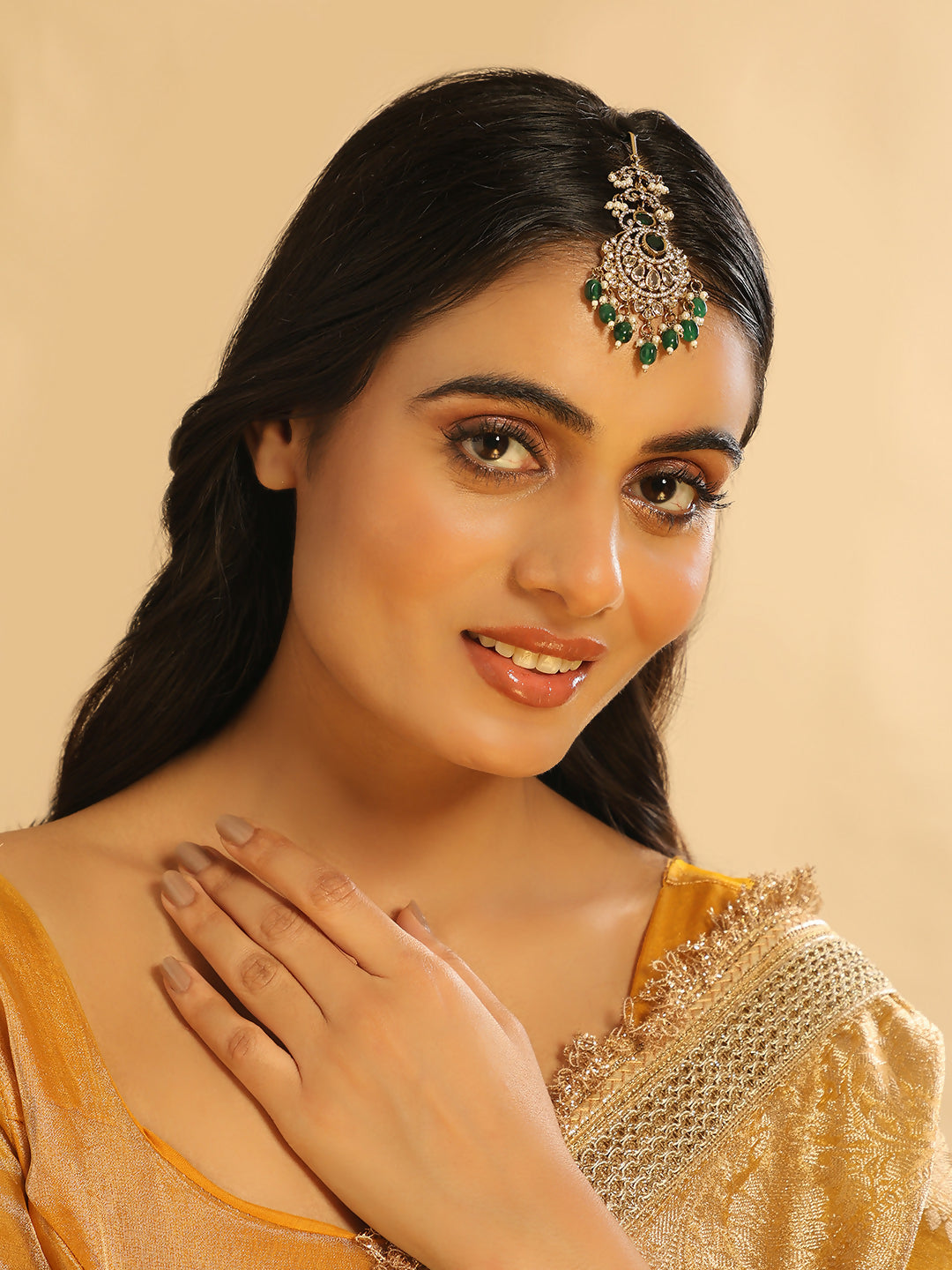 Nuyug 18K Gold Plated Ethereal Green Stone Maang Tikka - Distacart