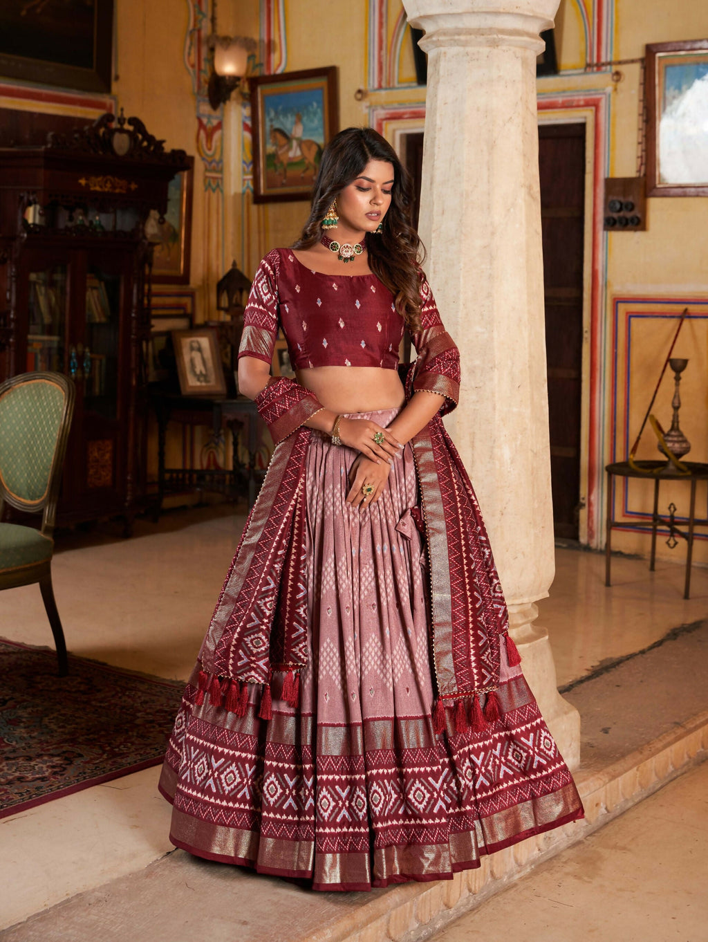 Vastranavya Occasionaly Tussar Silk Dot And Ikkat Print With Foil Work Lehenga Choli - Maroon