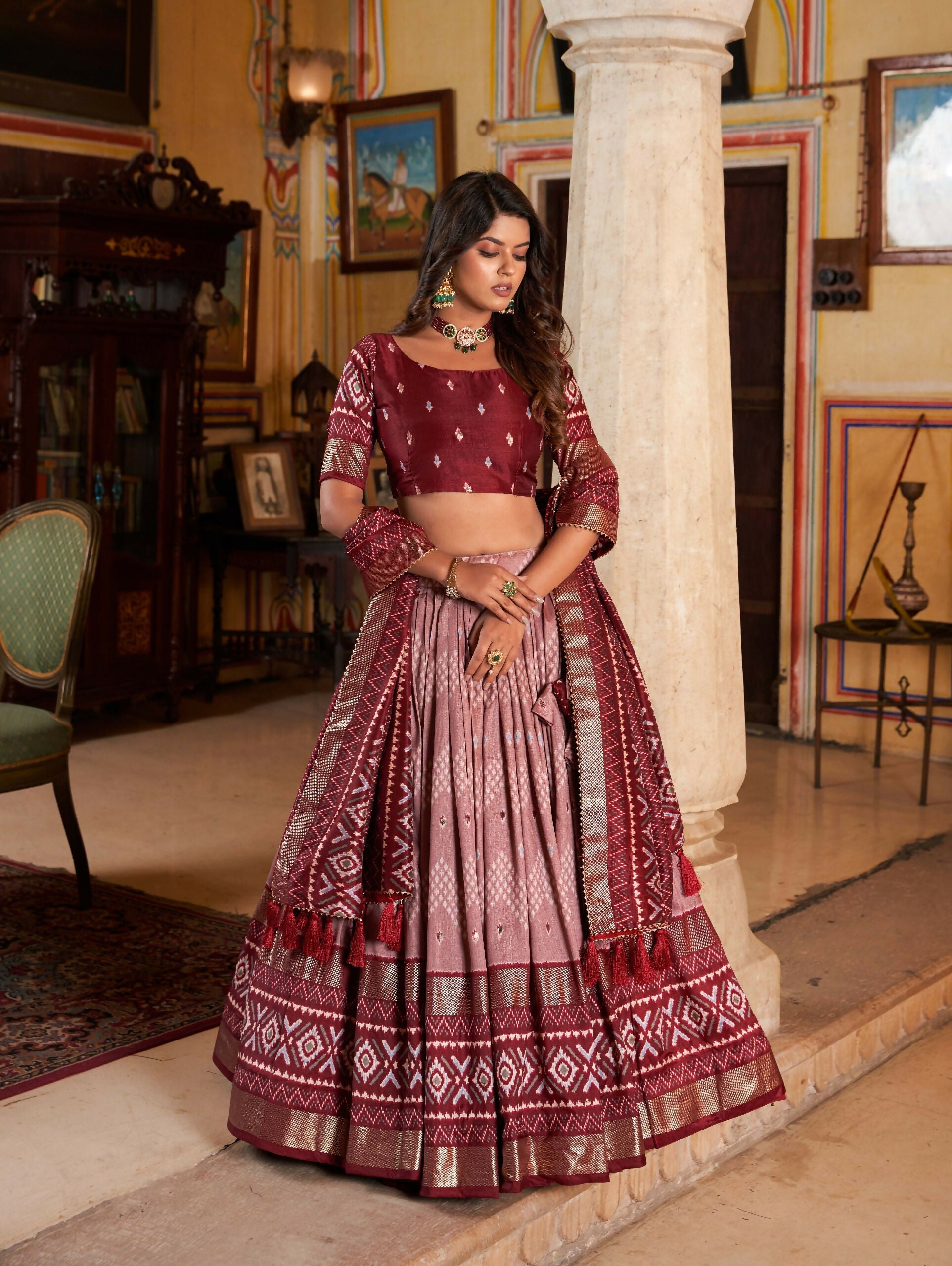 Vastranavya Occasionaly Tussar Silk Dot And Ikkat Print With Foil Work Lehenga Choli - Maroon