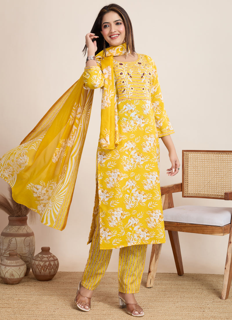 Prazu Fashion Yellow Printed Cotton Blend Festival Wear Salwar Suit - Distacart