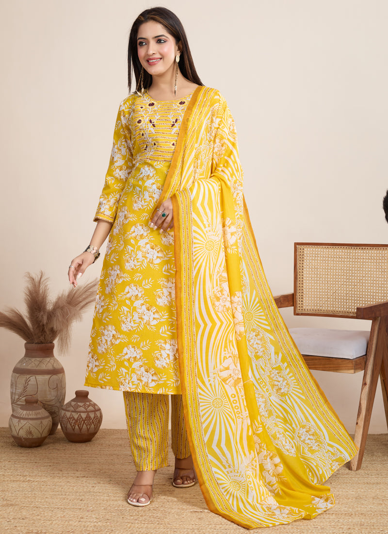 Prazu Fashion Yellow Printed Cotton Blend Festival Wear Salwar Suit - Distacart