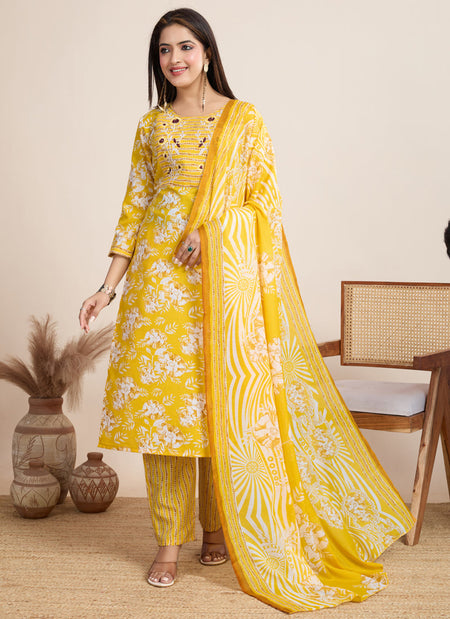 Prazu Fashion Yellow Printed Cotton Blend Festival Wear Salwar Suit