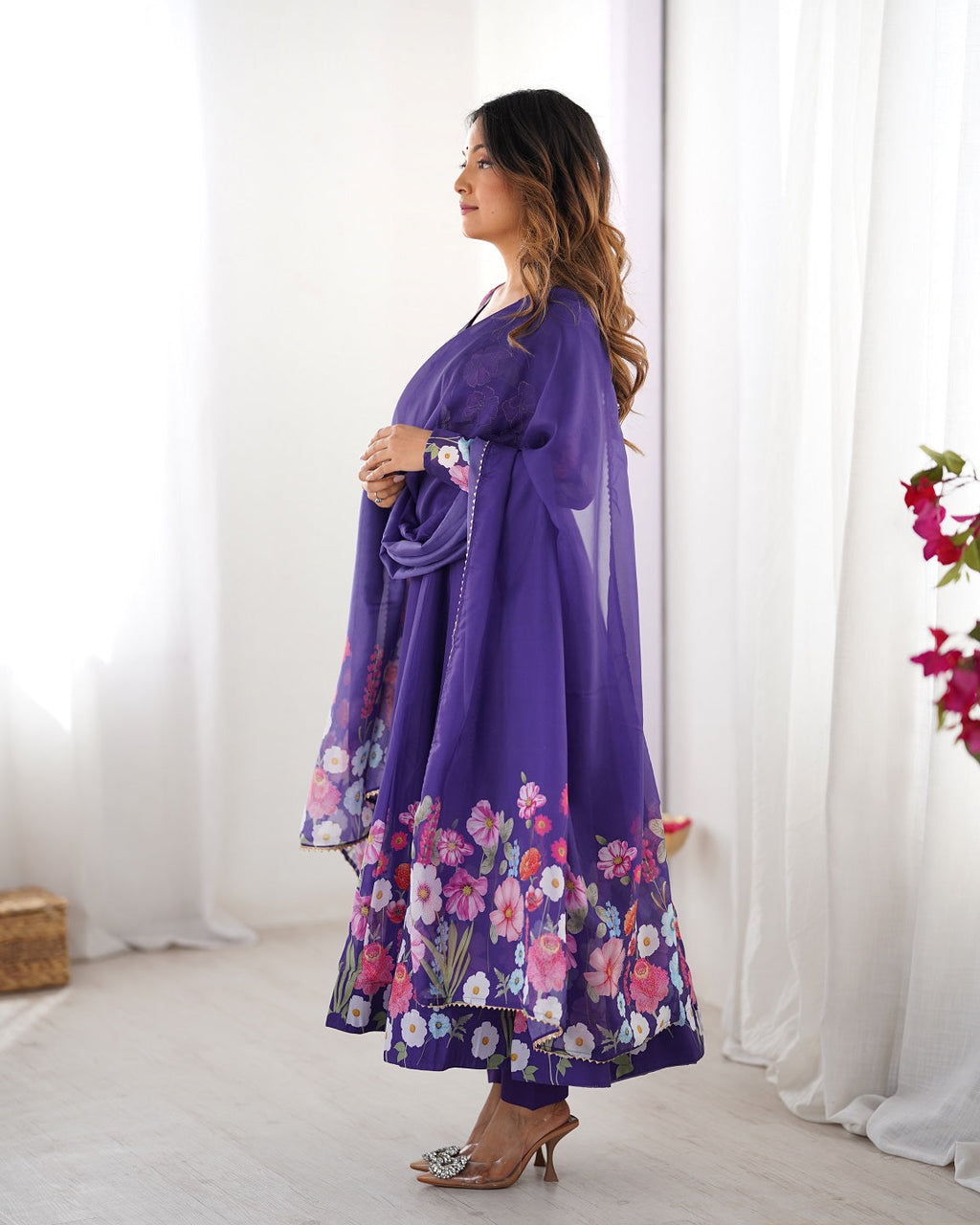Evanik Purple Soft Organza Silk With Floral Print Fully Flared Anarkali Pant With Dupatta Set