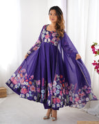 Evanik Purple Soft Organza Silk With Floral Print Fully Flared Anarkali Pant With Dupatta Set