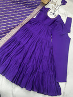 Evanik Purple Pure Roman Silk Chanderi With Fully Flair Anarkali Pant With Dupatta