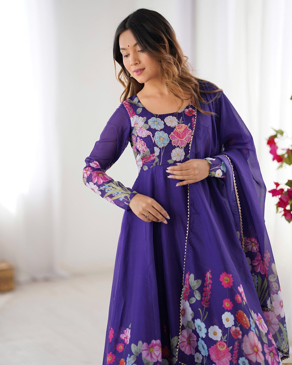 Evanik Purple Soft Organza Silk With Floral Print Fully Flared Anarkali Pant With Dupatta Set