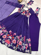 Evanik Purple Soft Organza Silk With Floral Print Fully Flared Anarkali Pant With Dupatta Set