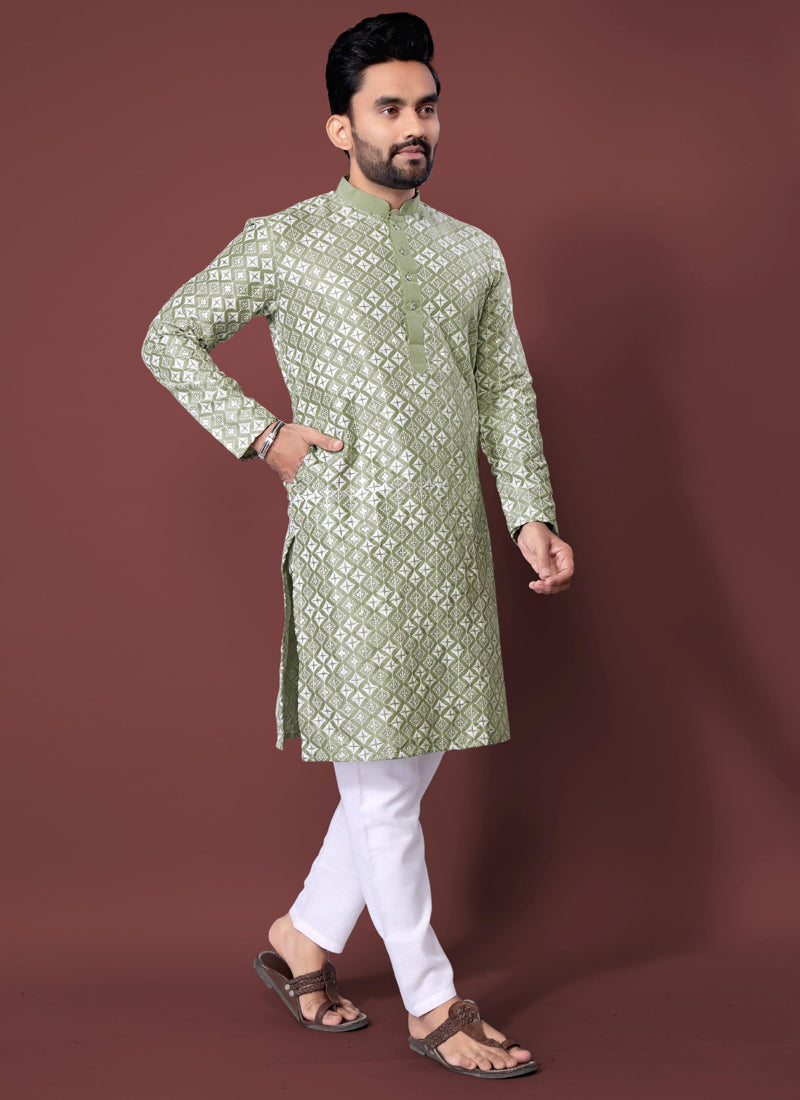 Prazu Fashion Light Pista Silk Embroidered Thread Work Kurta
