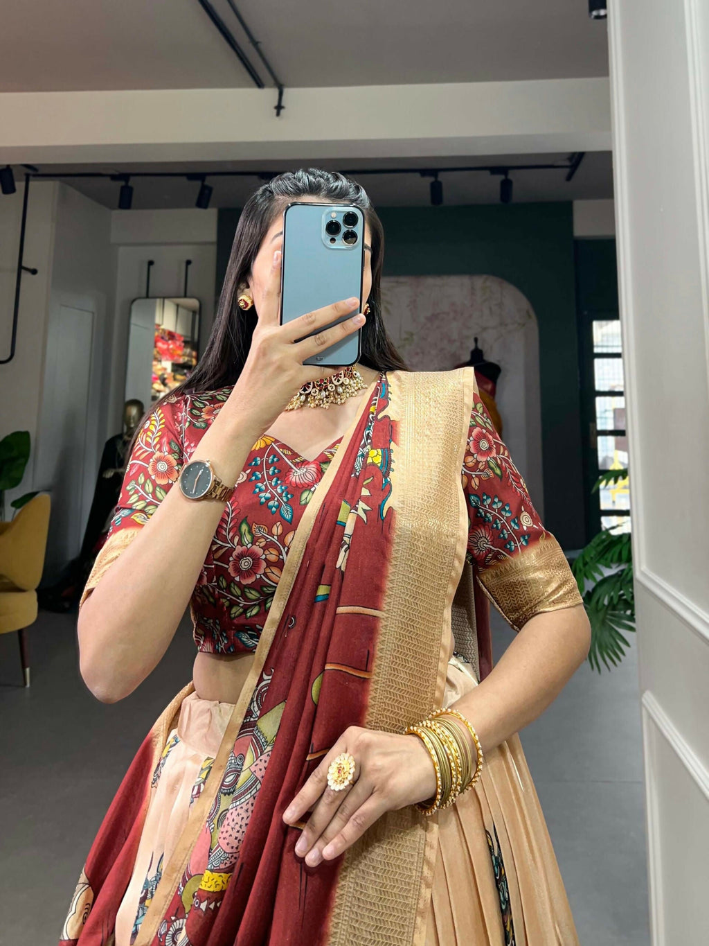 Vastranavya Kalamkari Print With Weaving Border Lehenga with Unstitched Blouse - Cream